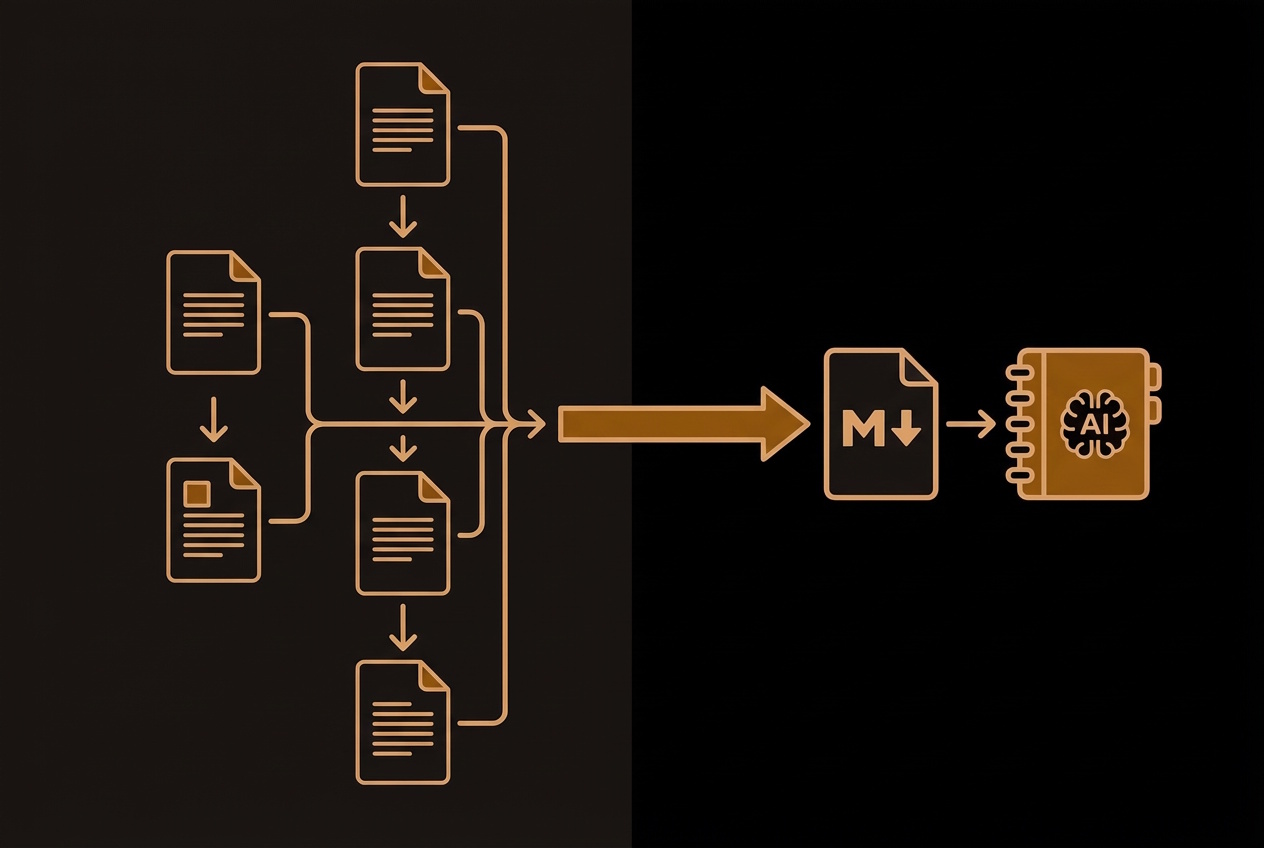 Dark-themed diagram showing the workflow: Paste URL, Convert, Download Markdown, Upload to NotebookLM