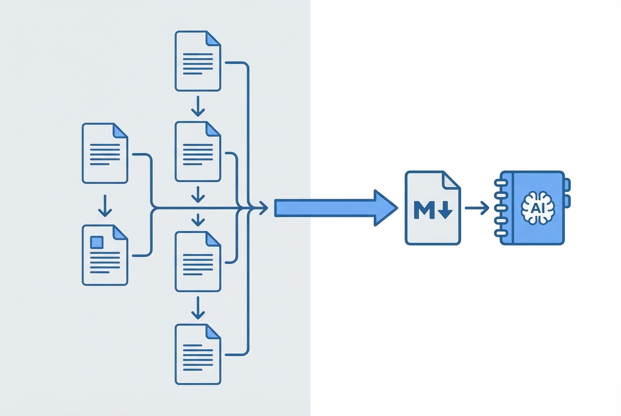 Diagram showing the workflow: Paste URL, Convert, Download Markdown, Upload to NotebookLM